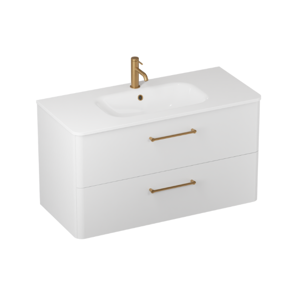 Product cut out image photo of Britton Bathrooms Camberwell 1000mm Frosted White Wall Hung Vanity Unit and Basin with brass Handles C100DDW