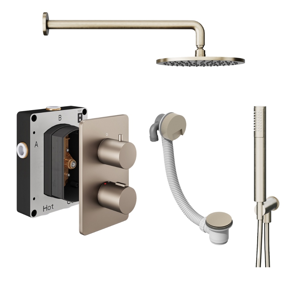 Product Cut out image of the Abacus Iso Brushed Nickel 3 Outlet Shower Pack with Bath Filler & Handset