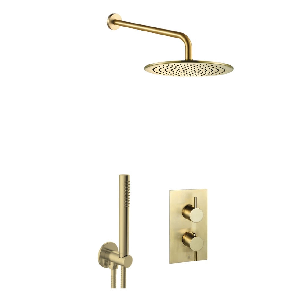 JTP Vos Brushed Brass 2 Handle 2 Outlet Shower Pack with Handset & Fixed Shower Head Cut Out