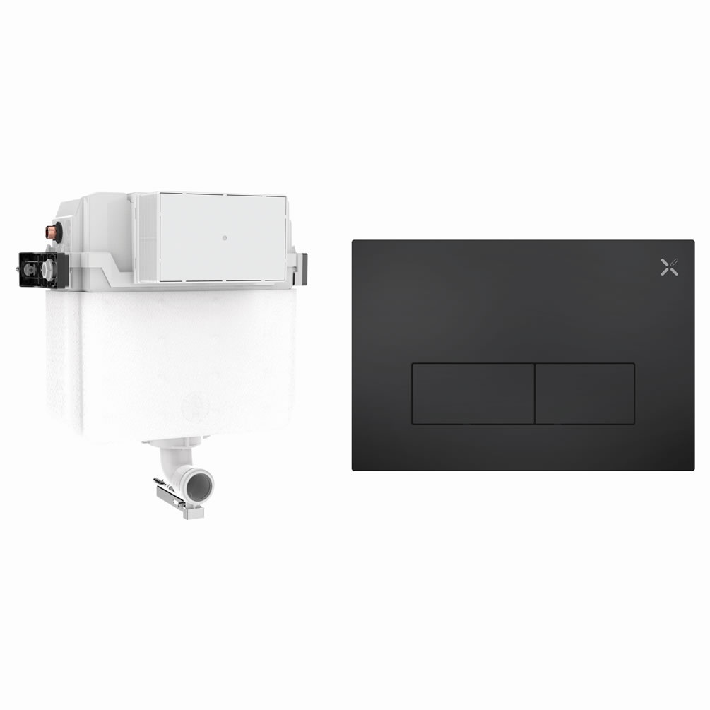 Cutout image of Crosswater 460mm Concealed Back-to-Wall Cistern & MPRO Stainless Steel Matt Black Dual Flush Plate