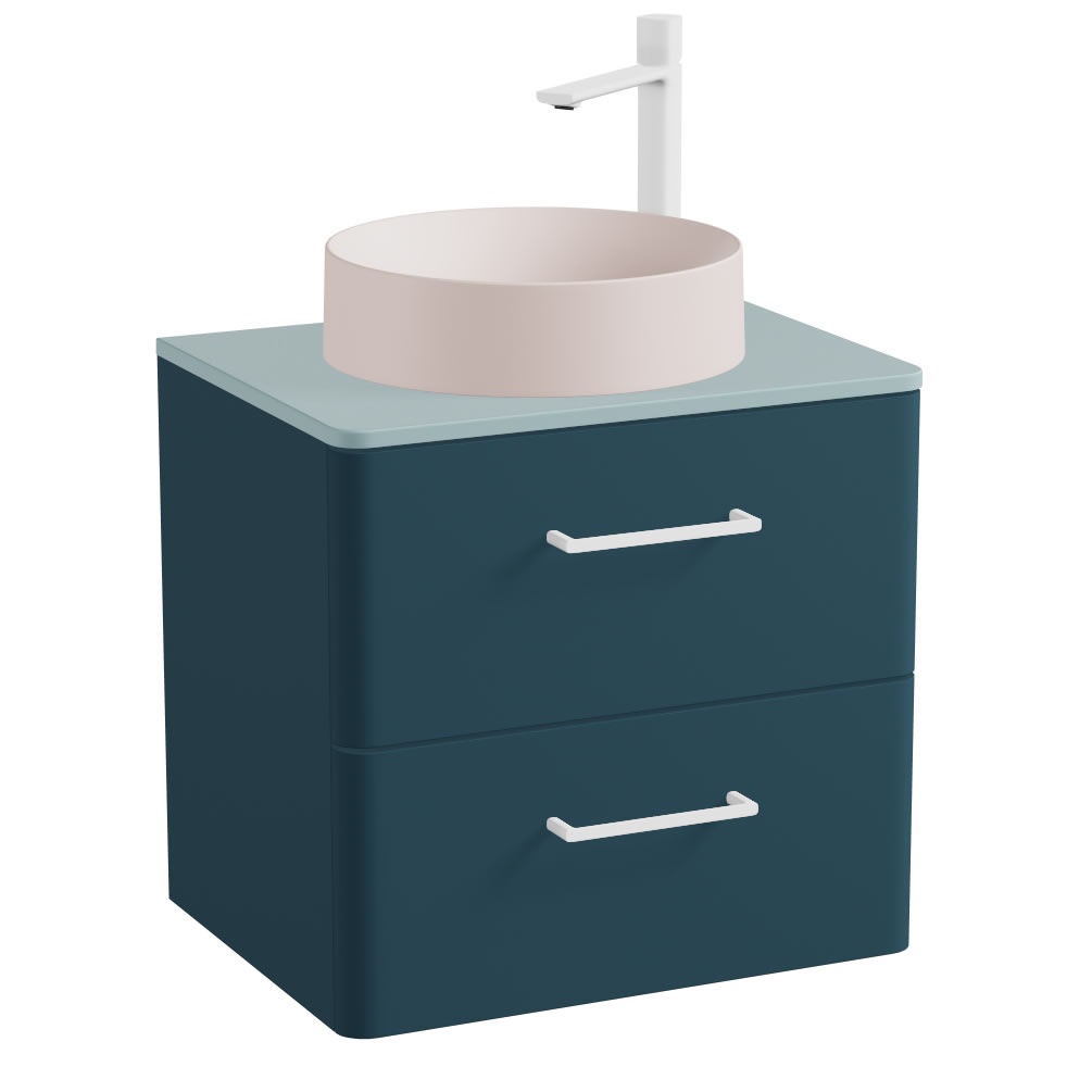 Vado Cameo 600mm Atlantic Blue Wall Hung 2 Drawer Vanity Unit, Cove Blue Worktop & Pink Basin