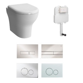 image of a bundle showing toilet sets and packs with a toilet and all the components required for installation. The image shows a VitrA Zentrum back to wall toilet with a Crosswater tall concealed cistern and choice of flush button
