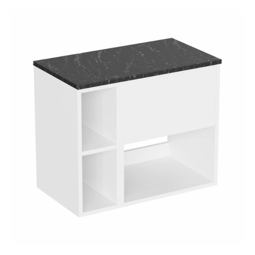 Cut out image of the Britton Hackney Glossy White 700mm Wall Hung Vanity Unit with Marquina Worktop & Shelf Unit