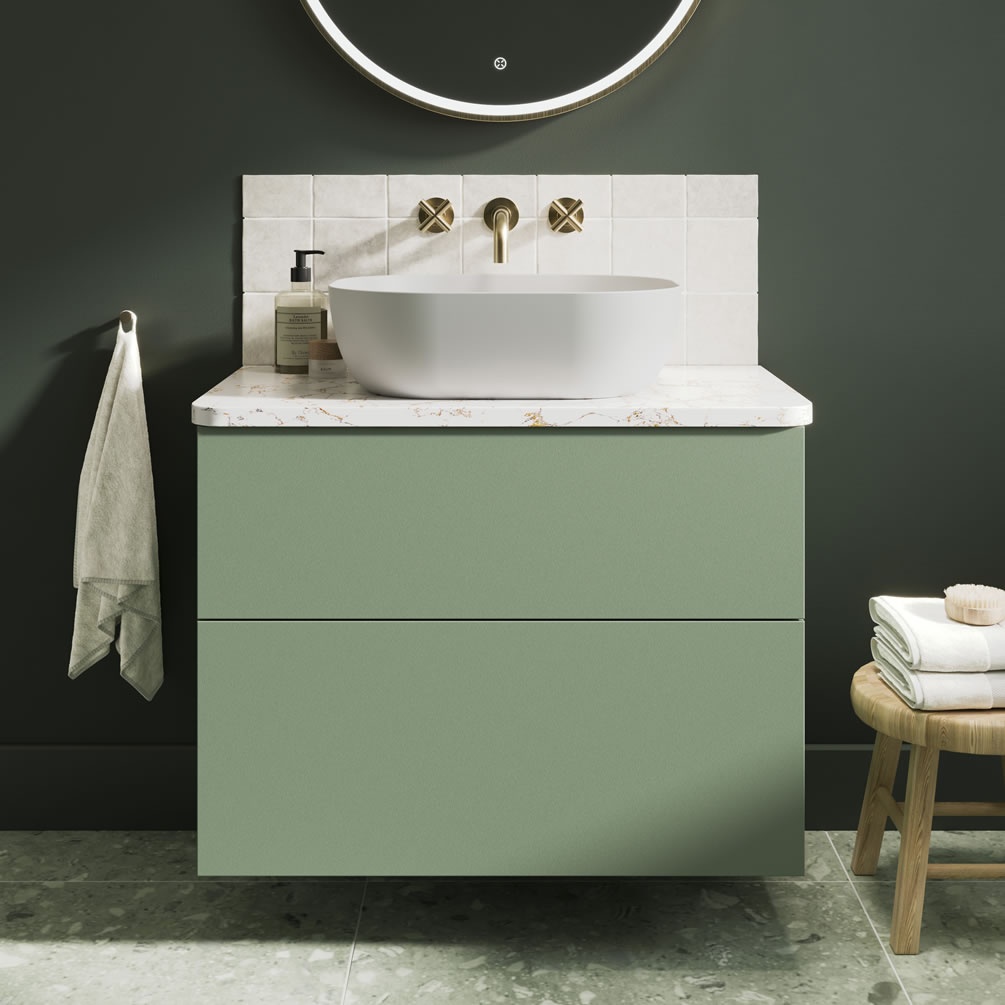 Crosswater Avenue Sage Green 800mm Double Drawer Unit & Gold Vein Worktop - Lifestyle