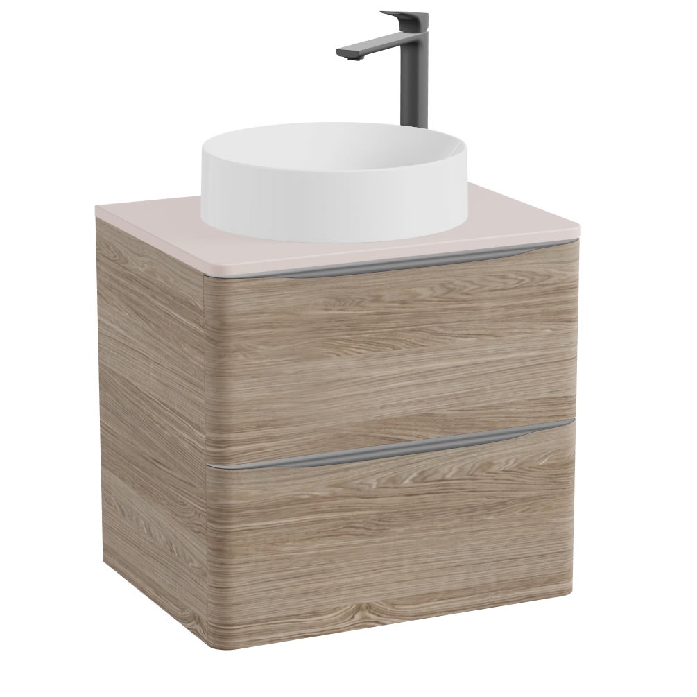 Vado Cameo 600mm Natural Oak Wall Mounted Vanity Unit, Pink Clay Worktop & Gloss Basin