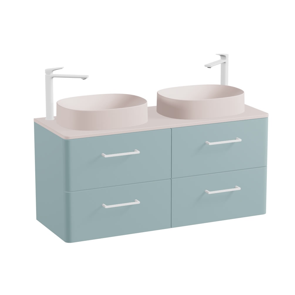 Vado Cameo 1200mm Cove Blue Wall Hung 4 Drawer Vanity Unit, Pink Worktop & Pink Oval Basin