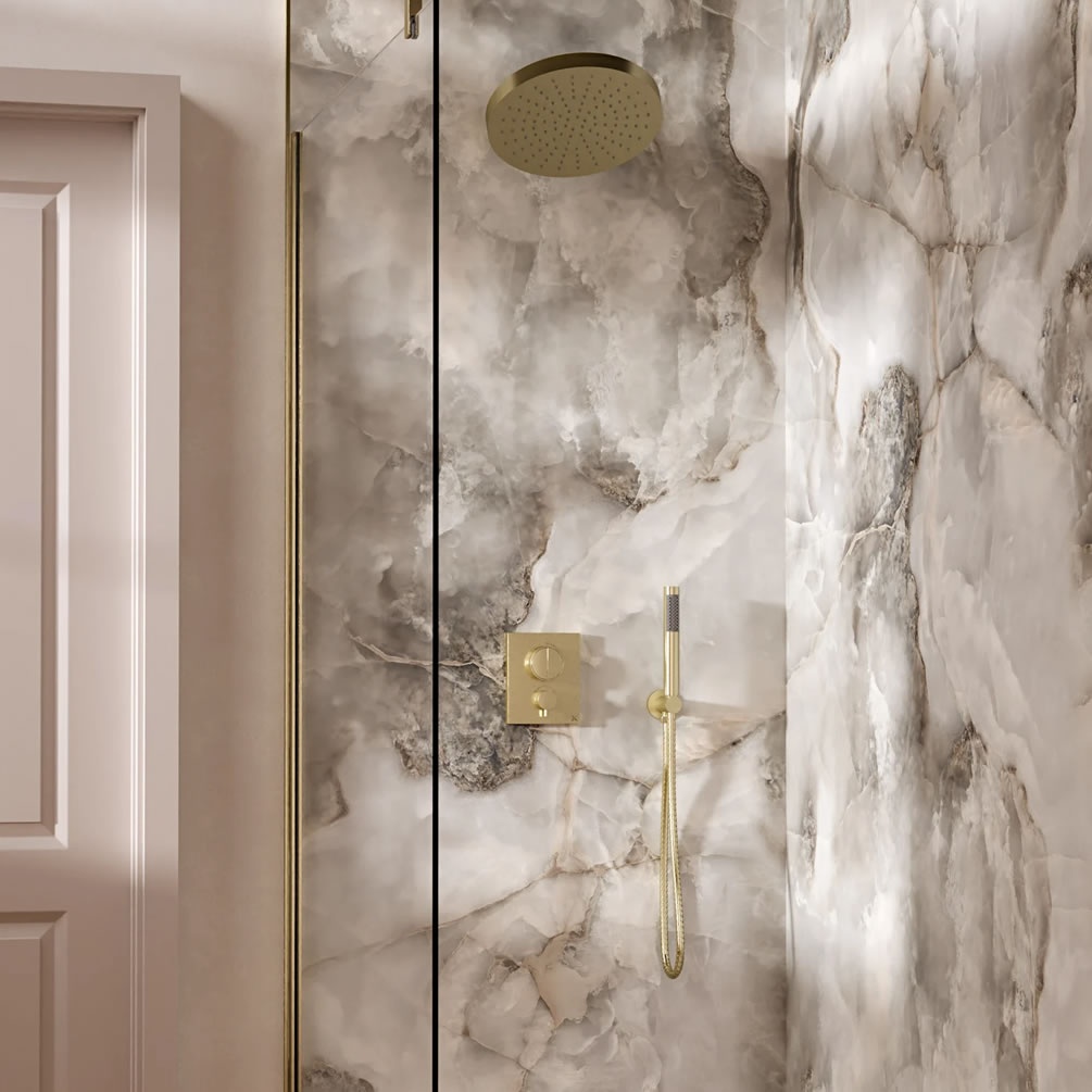 Lifestyle image of Crosswater Crossbox Brushed Brass Dual Outlet Revive Shower Set