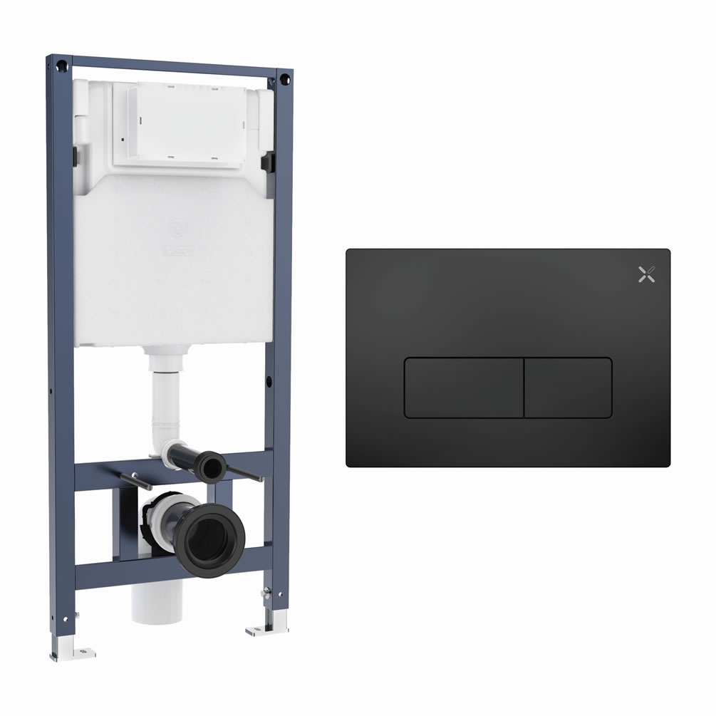 Cutout image of Crosswater 1120mm Wall-Hung Cistern Frame & MPRO Matt Black Dual Flush Plate