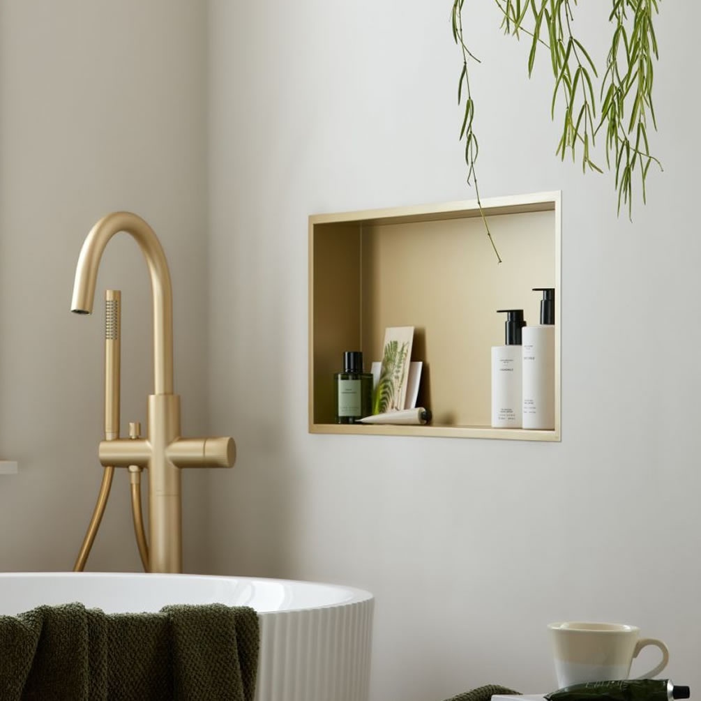 Vado Muse 623 x 323mm Satin Brass Shower Niche - Lifestyle Image