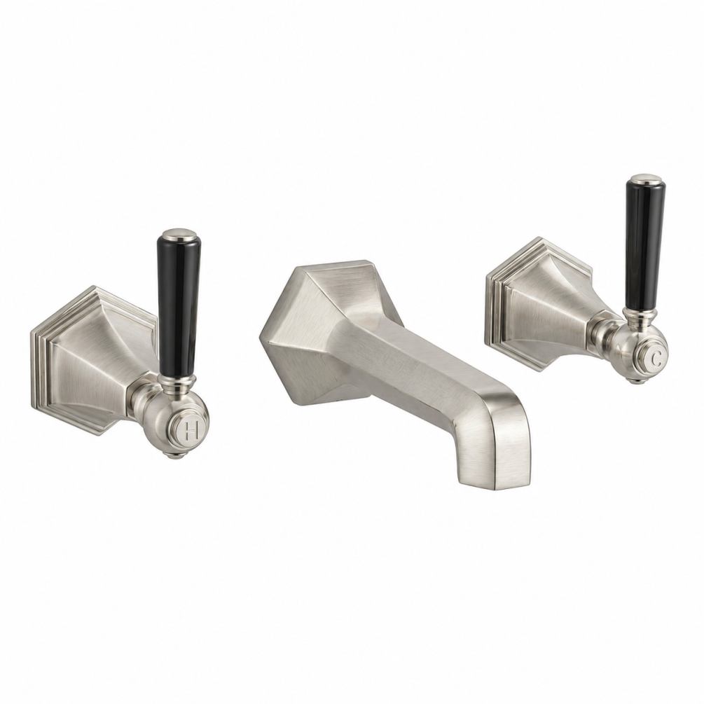 Cut out image of the Crosswater Waldorf Brushed Nickel 3 Tap Hole Black Lever Handle Wall Mounted Basin Mixer