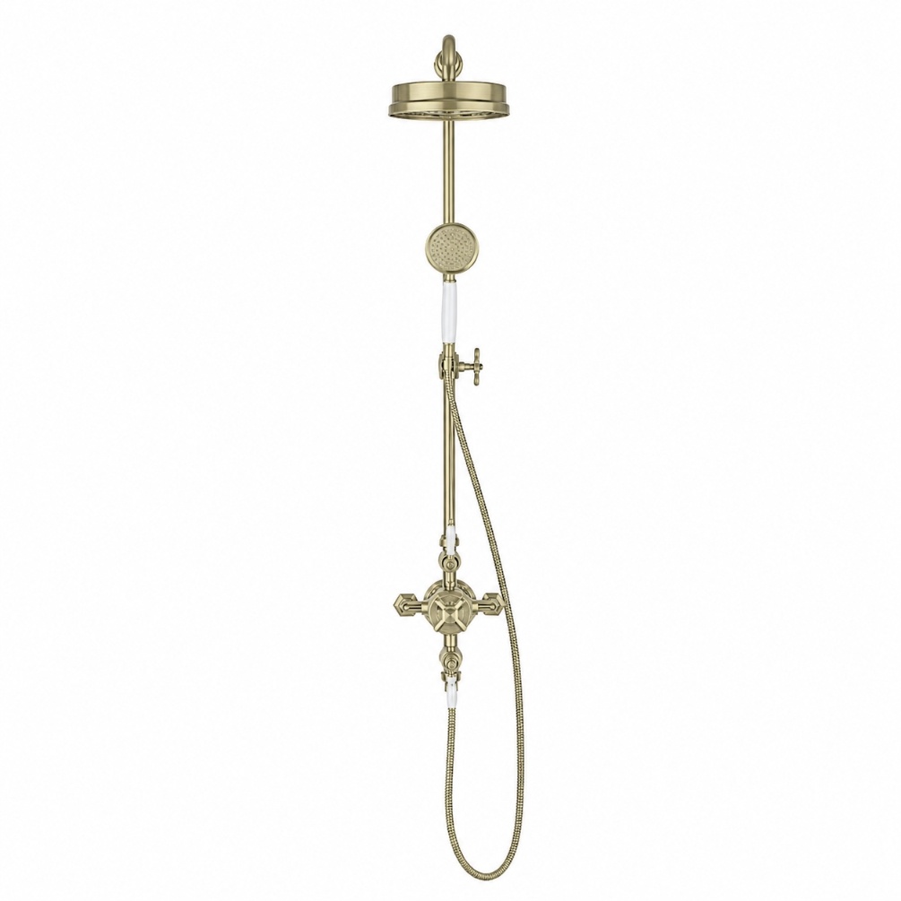 Cut out image of the Crosswater Waldorf Brushed Brass Thermostatic Shower Column with White Handles