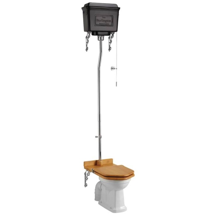 Product Cut out image of the Burlington Black Aluminium High Level Toilet and an Oak Toilet Seat