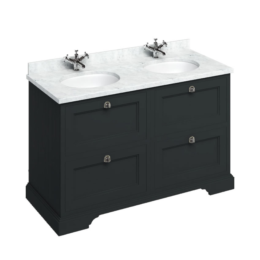 Burlington Matt Black 1300mm Vanity Unit With Drawers & Double Carrara White Minerva Worktop