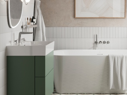Product Lifestyle image of the Crosswater Avenue Sage Green 600mm Double Drawer Unit with a three tap hole basin