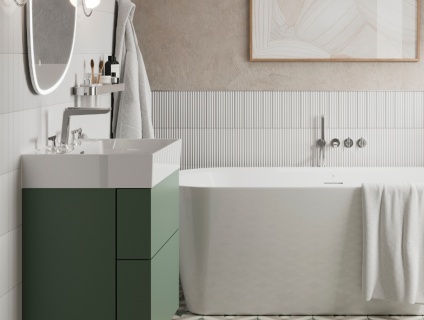 Product Lifestyle image of the Crosswater Avenue Sage Green 600mm Double Drawer Unit with a three tap hole basin