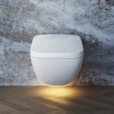 Front facing lifestyle image of the TOTO Neorest WX1 Rimess Wall Hung Toilet