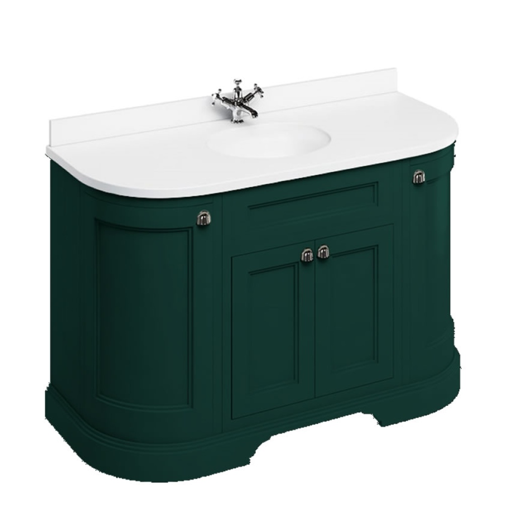 Burlington Minerva 1340mm Curved Worktop & Matt Green Freestanding Vanity Unit with Doors with white worktop
