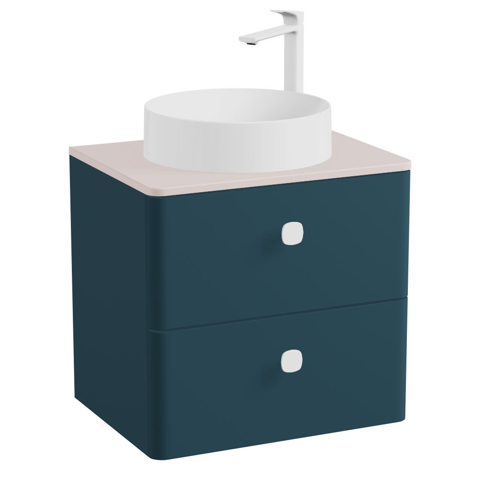 Vado Cameo 600mm Atlantic Blue Wall Hung 2 Drawer Vanity Unit, Pink Worktop & Gloss Basin
