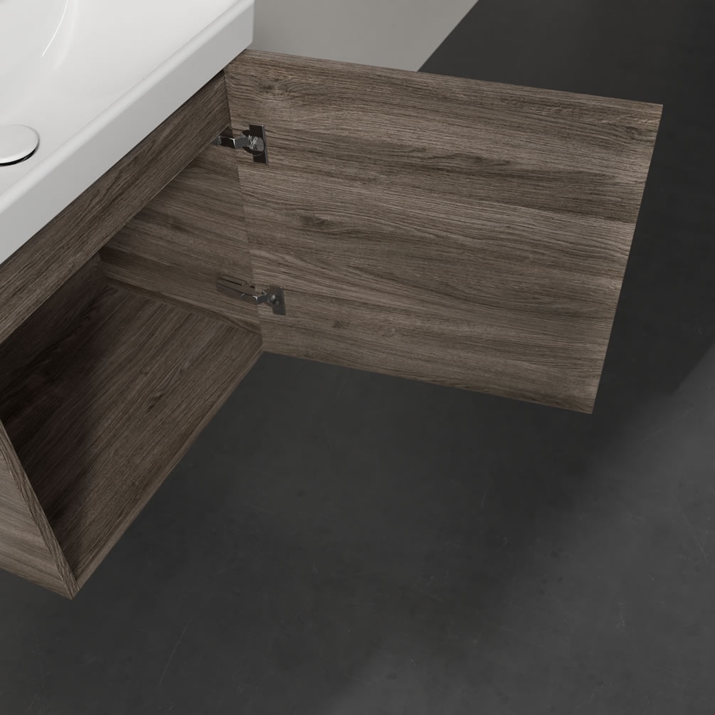 Closeup image of Villeroy & Boch Avento Stone Oak 550mm Wall-Hung Basin Vanity Unit right sided