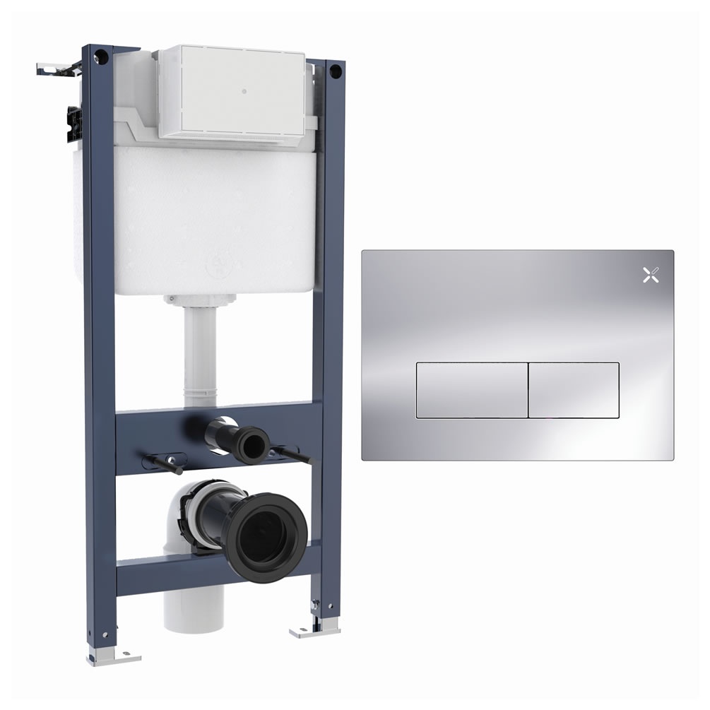 Cutout image of Crosswater 980mm Wall-Hung Cistern Frame & MPRO Stainless Steel Chrome Dual Flush Plate