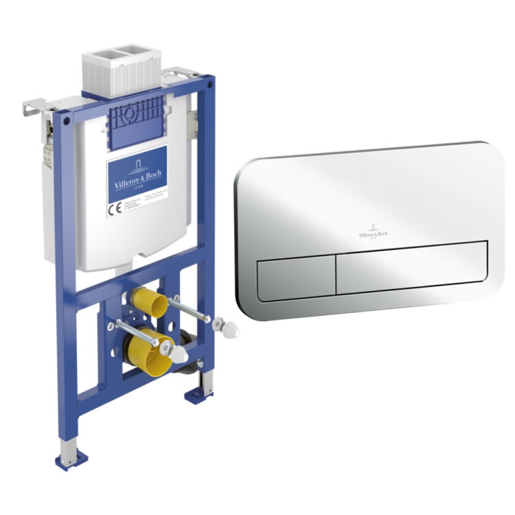 Cutout image of Villeroy & Boch 985mm ViConnect Cistern Frame & Chrome ViConnect Dual Flush Plate