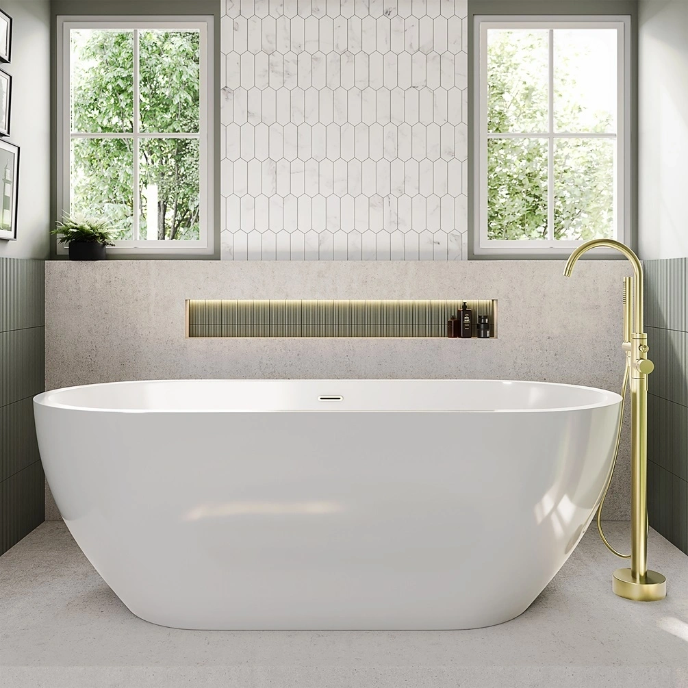 Lifestyle image of the Sanctuary Orelle 1700mm x 680mm Gloss White Double Ended Freestanding Bath with freestanding bath tap