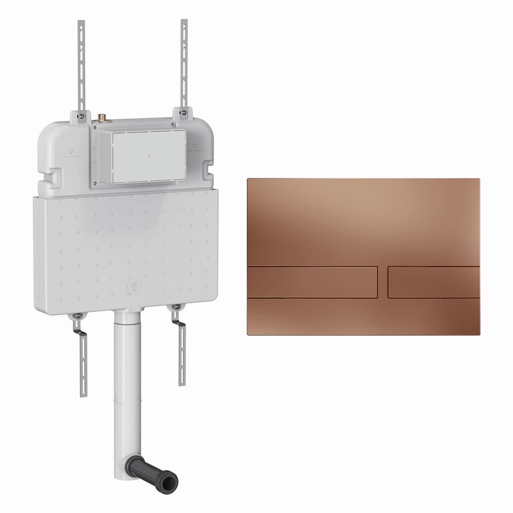 Cutout image of Crosswater 530mm Concealed Back-to-Wall Cistern & Venue Brushed Bronze Dual Flush Plate