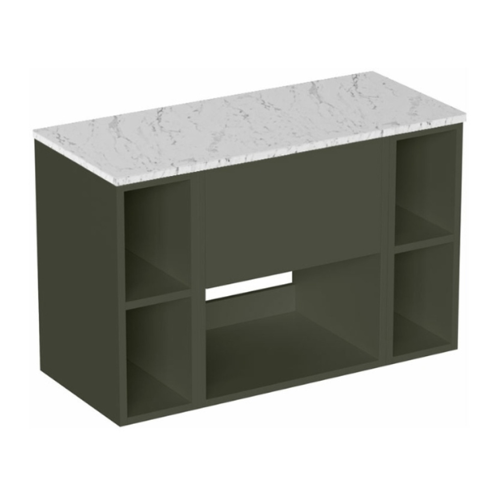 Cut out image of the Britton Hackney Earthy Green 900mm Wall Hung Vanity Unit with Worktop & Two Shelf Units