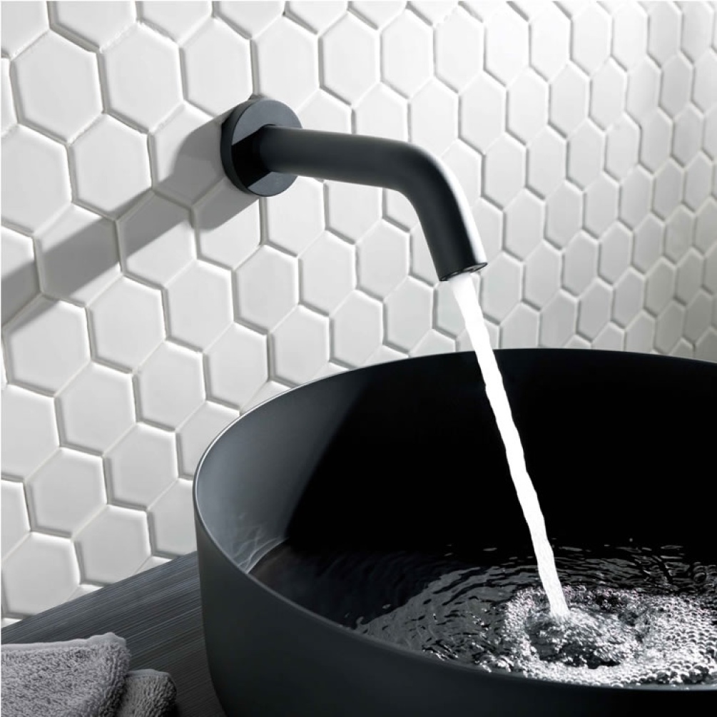 Close up product lifestyle image of the JTP Sensor Matt Black Wall Spout