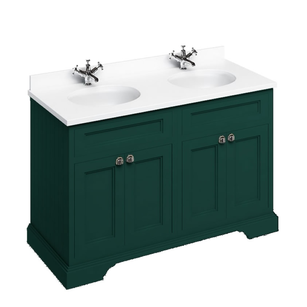 Burlington White Minerva 1300mm Double Worktop & Matt Green Freestanding Vanity Unit with Doors