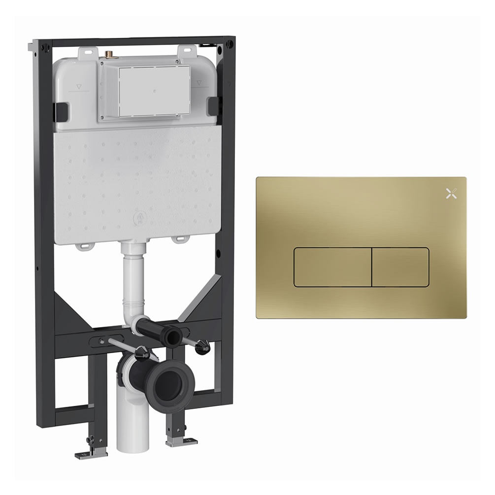 Cutout image of Crosswater 1140mm Slim Wall-Hung Cistern Frame & MPRO Brushed Brass Dual Flush Plate