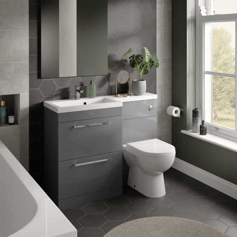 Photo of The White Space Gloss Ash Grey L Shaped Unit & Basin Lifestyle Image
