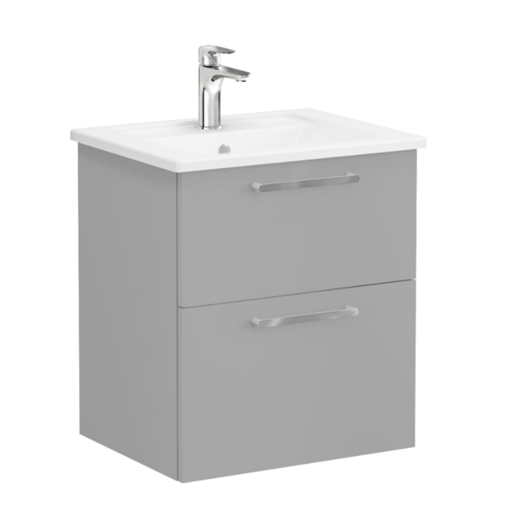 Product Cut out image of VitrA Root Flat Rock Grey 600mm Washbasin Drawers Unit 67946 with chrome handles