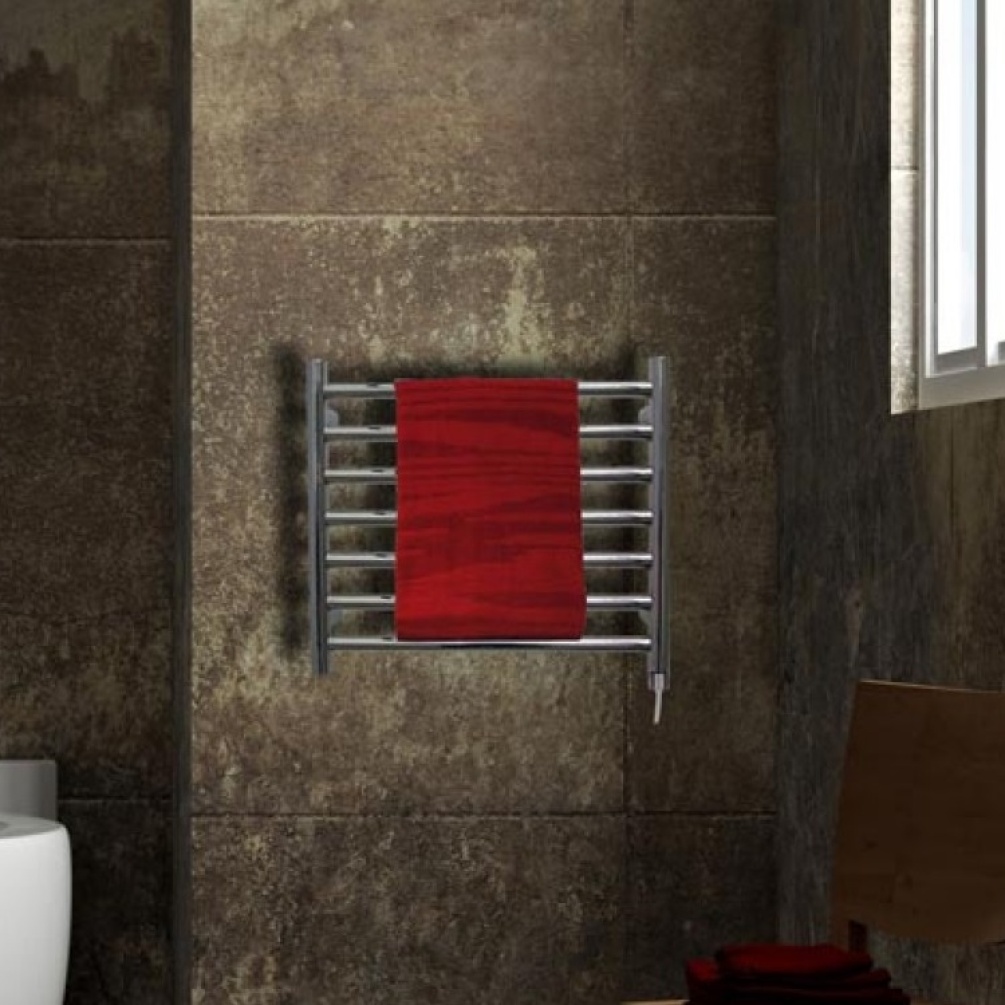 Product lifestyle image of The Sussex Range by JIS Buxted Towel Rail Polished Stainless Steel on dark bathroom wall with red towel BUXTED-P