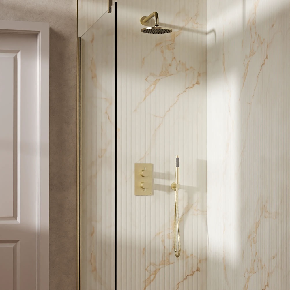 Lifestyle image of Crosswater Design Brushed Brass Dual Outlet Rainfall Shower Set