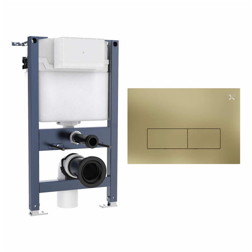Cutout image of Crosswater 820mm Wall-Hung Cistern Frame & MPRO Stainless Steel Brushed Brass Dual Flush Plate