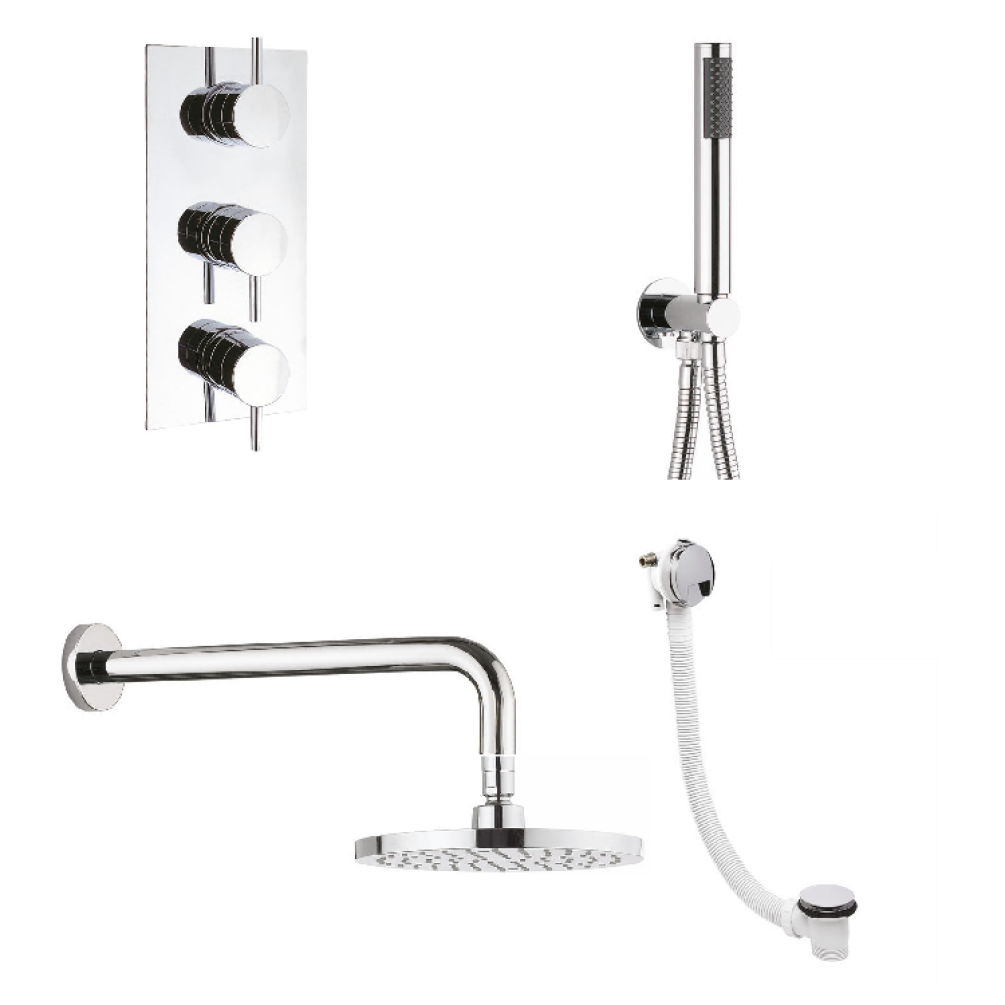 Product cut out image of bundle pack - Crosswater Kai 3 Outlet 3 Lever Shower Valve with Shower Head and Arm, shower handset and bath filler and waste KL2000LBPC WBLP3000RC+ BFW0168C SK963C FH684C FH200C+