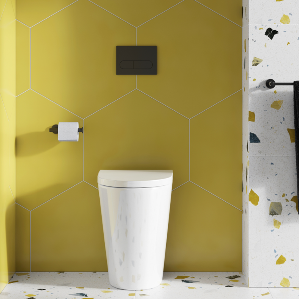 Lifestyle Photo of Front View Britton Sphere Tall Rimless Back to Wall WC