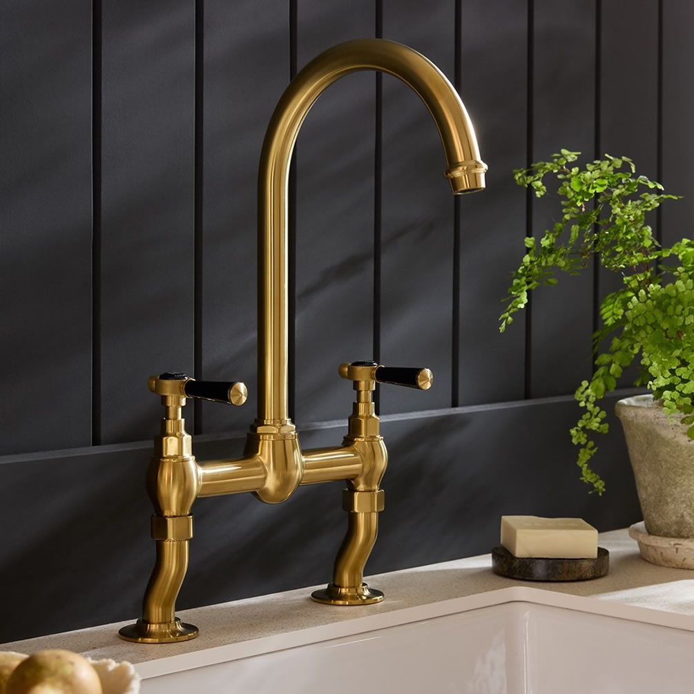 Booth & Co. Axbridge Lever Brushed Brass/Black Bridge Kitchen Mixer - Lifestyle Image 1