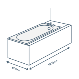 iconography image of a bathtub with 1900mm length text and 800mm width text illustrating this sized bath