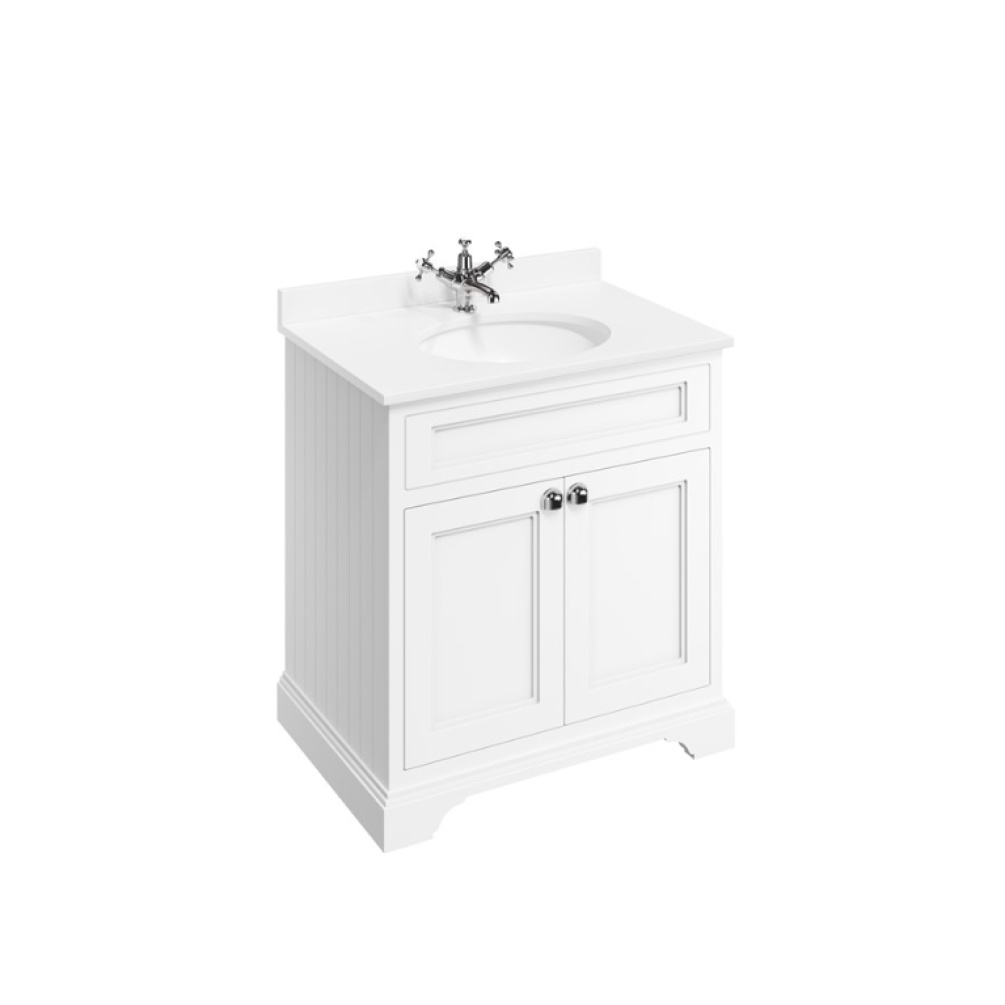 Product Cut out image of the Burlington Minerva 750mm Worktop & Matt White Freestanding Vanity Unit with white worktop