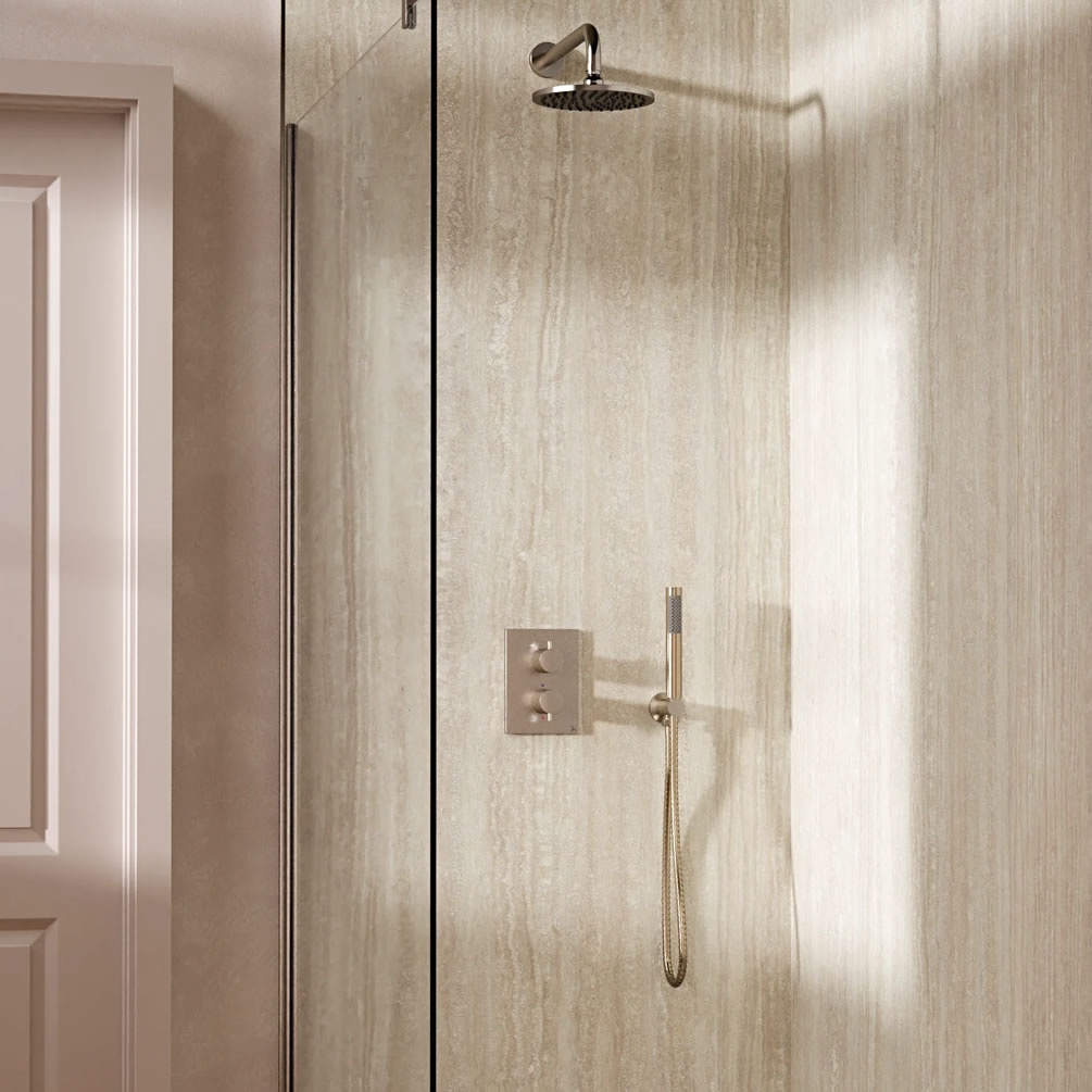 Lifestyle image of Crosswater Crossbox Brushed Nickel Dual Outlet Rainfall Shower Set