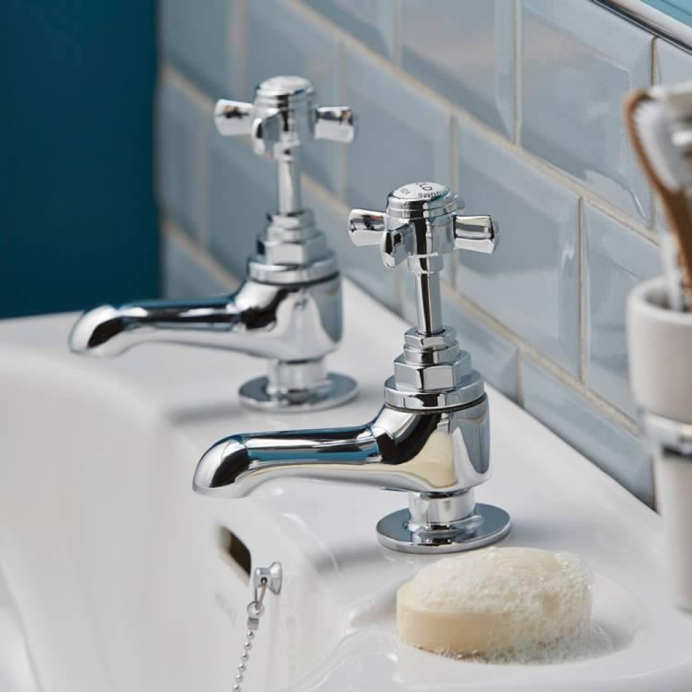 Heritage Dawlish Short Nose Basin Pillar Taps Chrome Finish Lifestyle Image