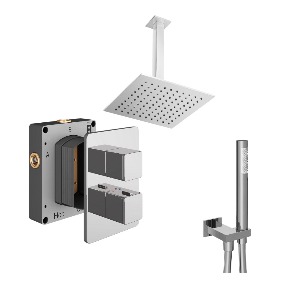 Product Cut out image of the Abacus Square Chrome 2 Outlet Shower Pack with Ceiling Head & Handset