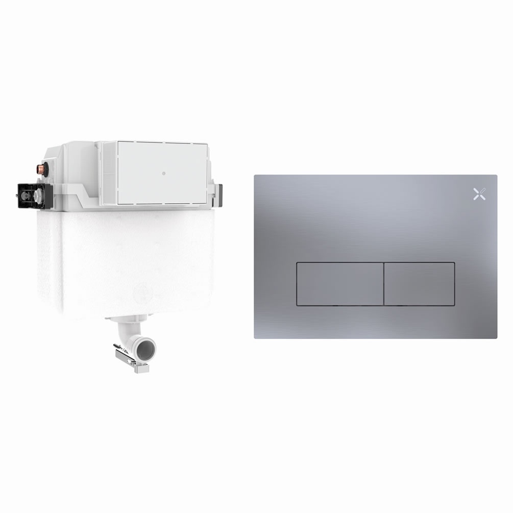 Cutout image of Crosswater 460mm Concealed Back-to-Wall Cistern & MPRO Stainless Steel Brushed Nickel Dual Flush Plate