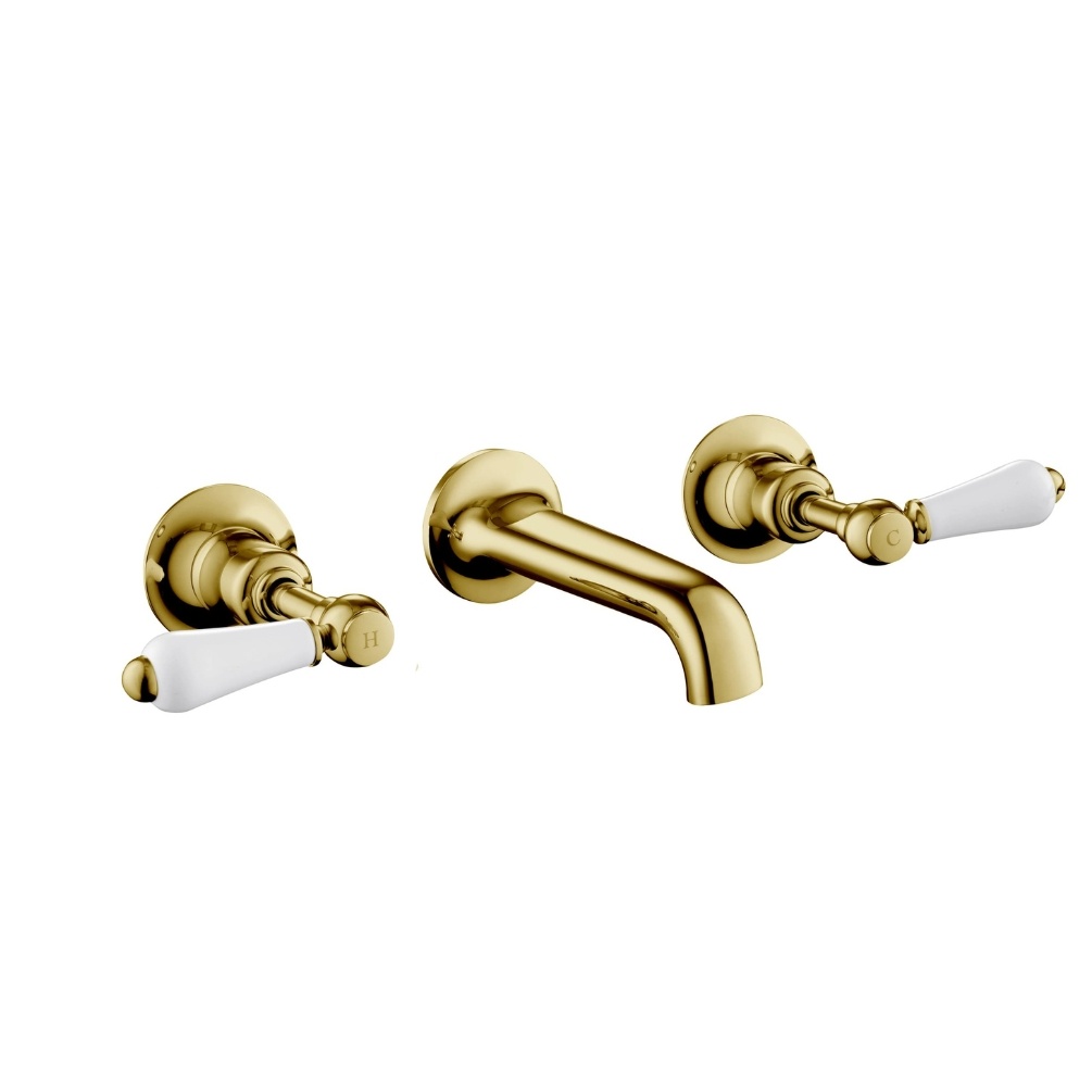 JTP Grosvenor Lever Polished Gold Wall Mounted 3 Hole Basin Mixer Cut Out