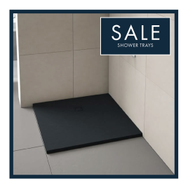 image of shower tray with blue box saying sale shower trays for cheap shower trays category