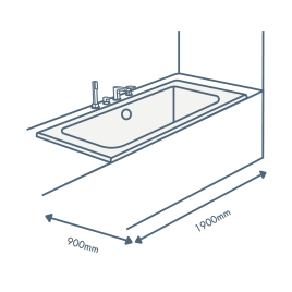 iconography image of a bathtub with 1900mm length text and 900mm width text illustrating this sized bath
