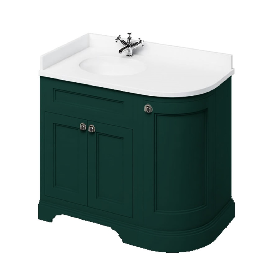 Burlington Minerva 980mm Left Handed Curved Worktop & Matt Green Freestanding Vanity Unit with white worktop