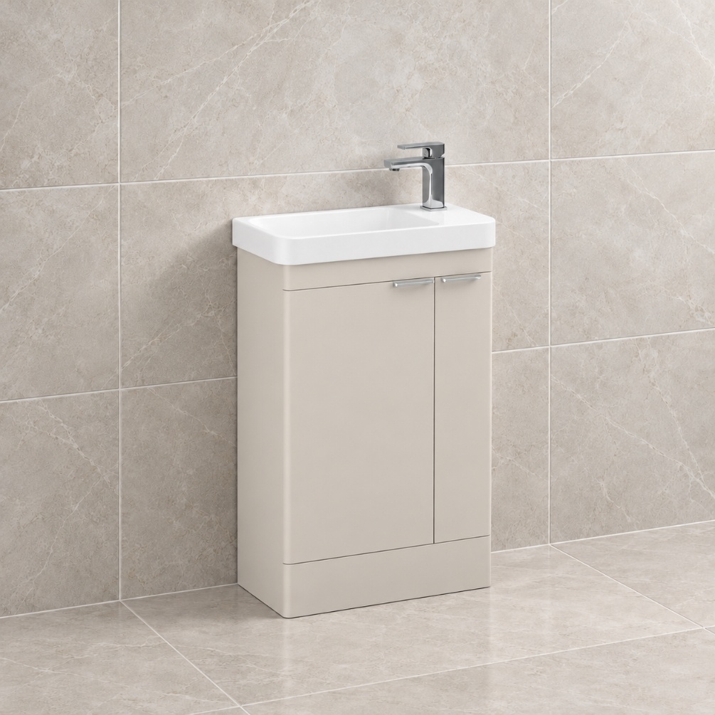 IMEX Luna Matt Cashmere 550mm 2-Door Floor Standing Cloakroom Vanity Unit Lifestyle